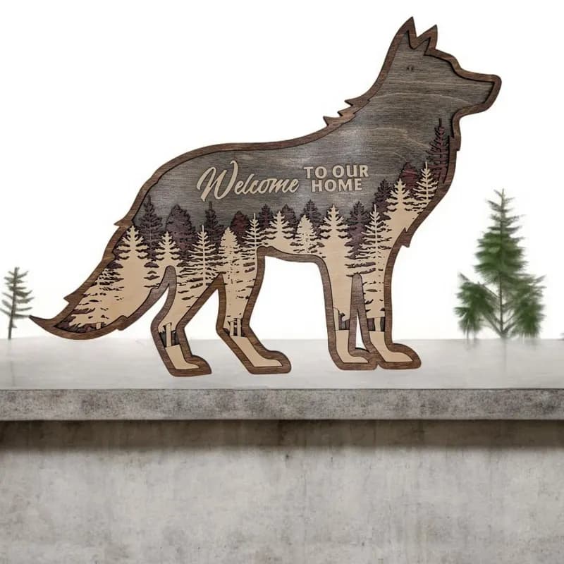 Wolf silhouette laser-cut wood welcome sign